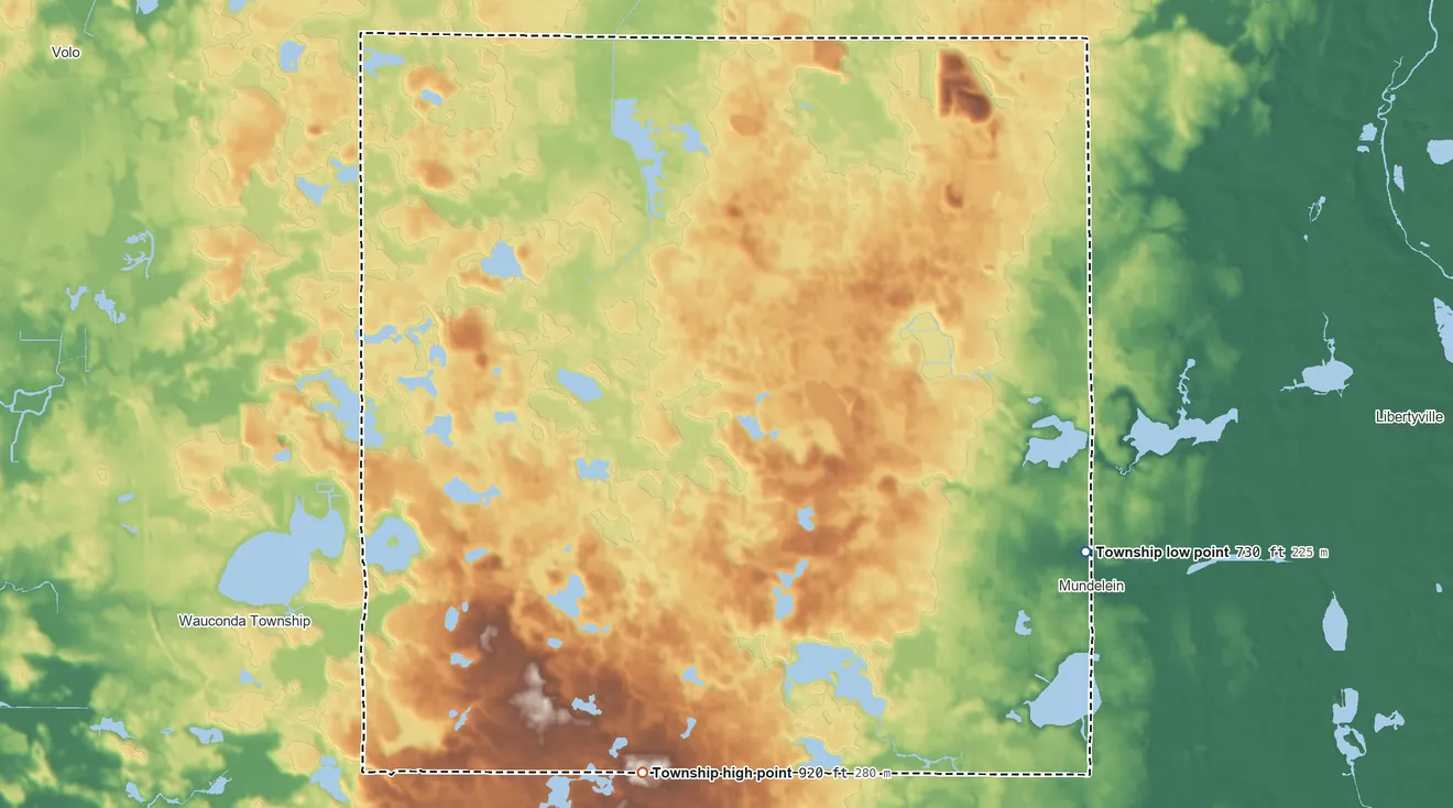 Topographic elevation map of Fremont Township, Illinois, shaded from 730 ft on the east side to 920 ft on the southwest side