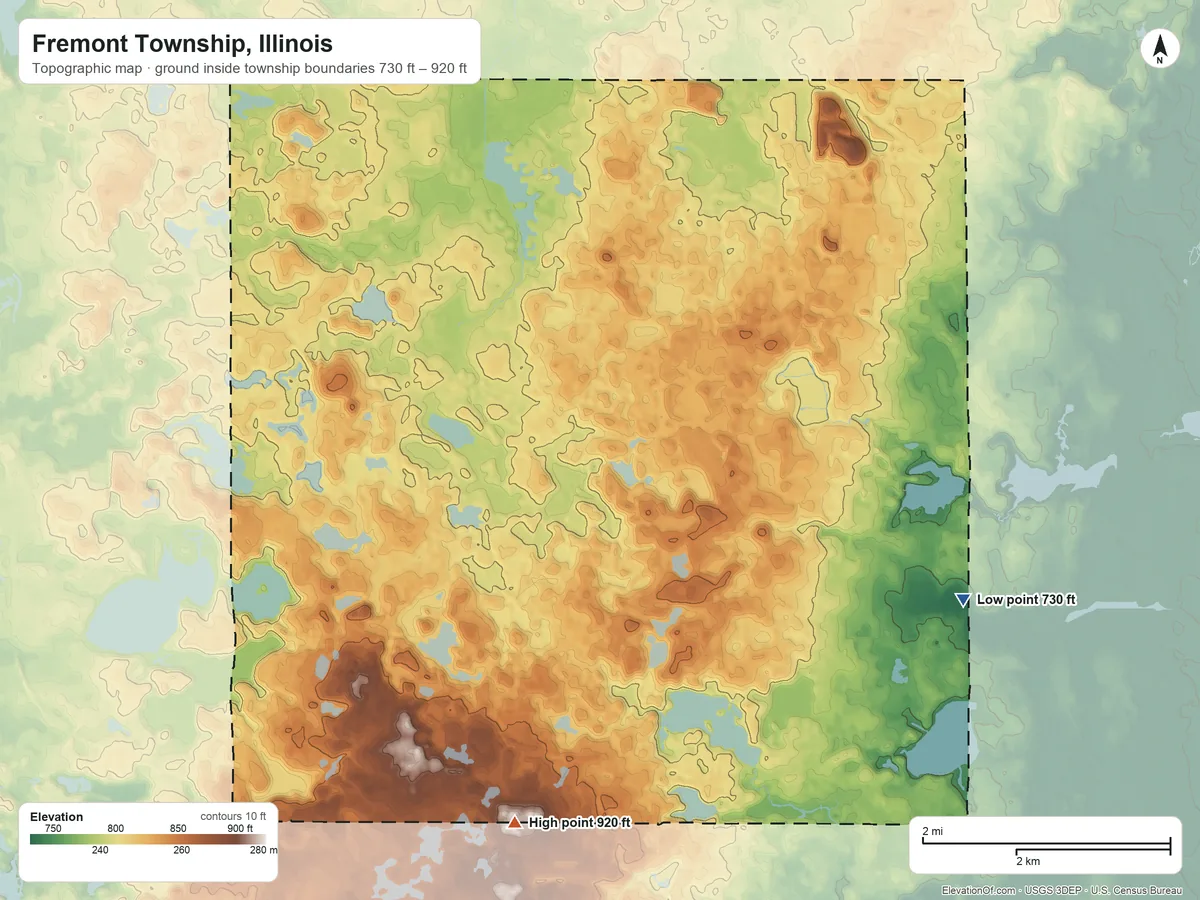 Topographic elevation map of Fremont Township, Illinois, shaded from 730 ft on the east side to 920 ft on the southwest side