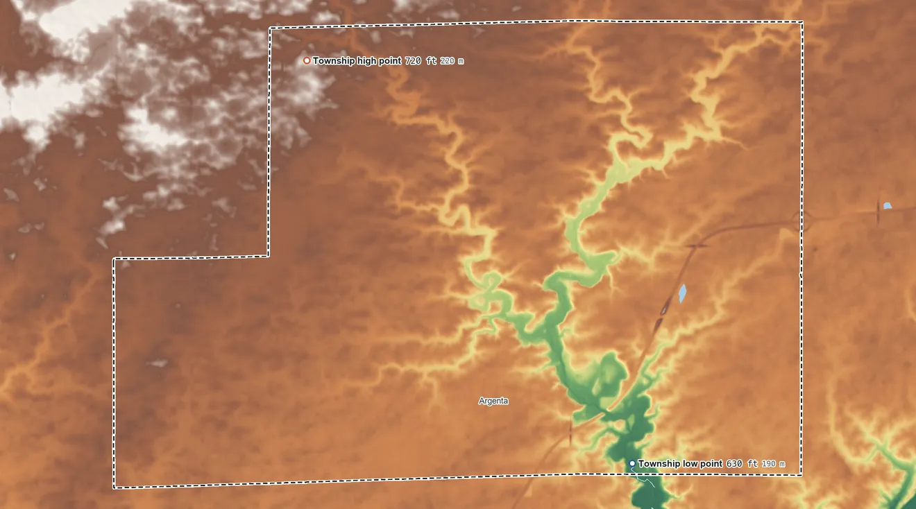 Topographic elevation map of Friends Creek Township, Illinois, shaded from 630 ft on the southeast side to 720 ft on the northwest side