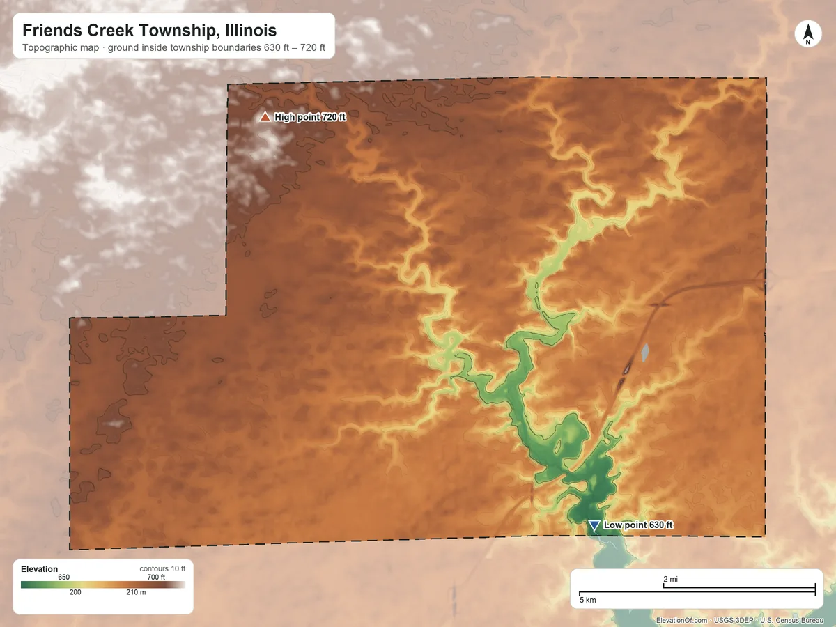 Topographic elevation map of Friends Creek Township, Illinois, shaded from 630 ft on the southeast side to 720 ft on the northwest side