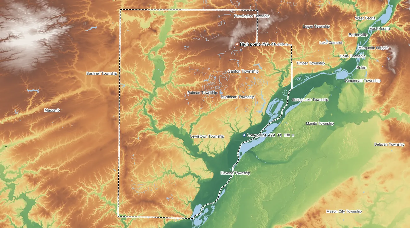 Topographic elevation map of Fulton County, Illinois, shaded from 420 ft on the southeast side to 790 ft on the northeast side