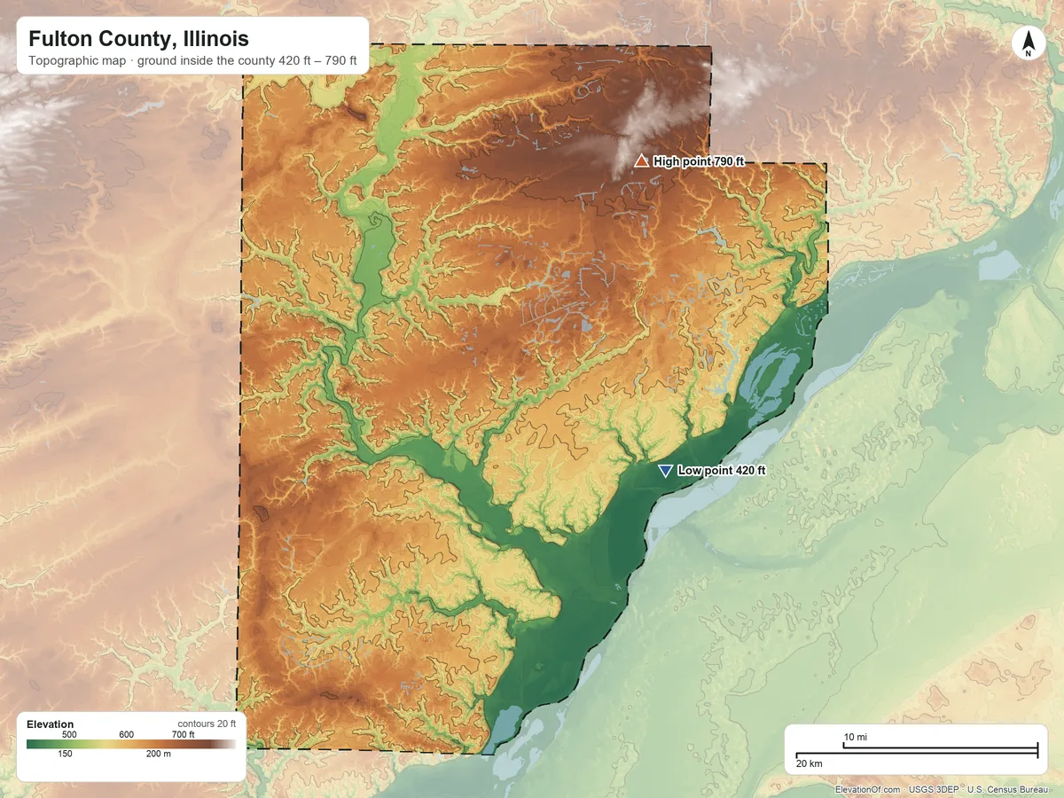 Topographic elevation map of Fulton County, Illinois, shaded from 420 ft on the southeast side to 790 ft on the northeast side
