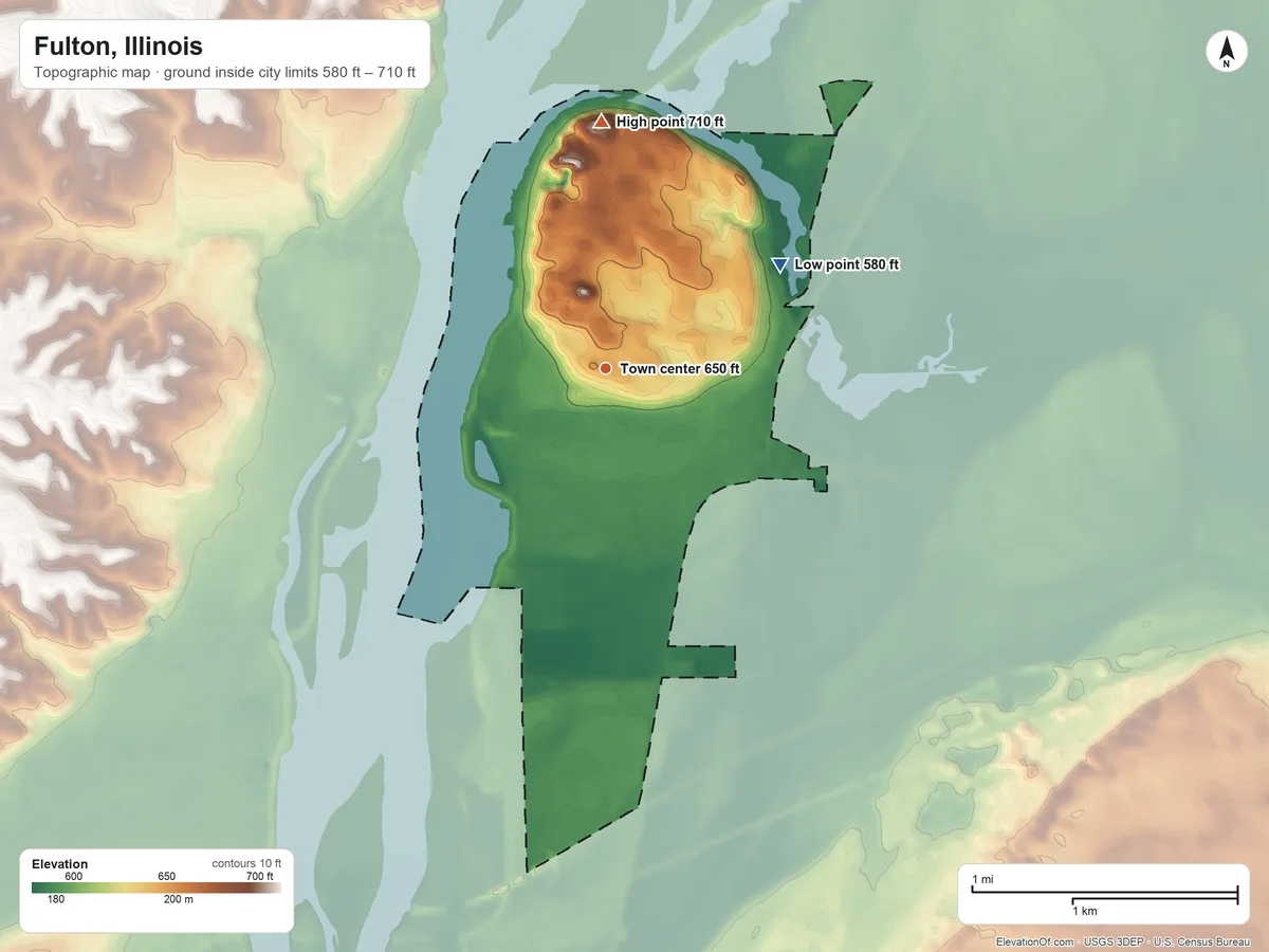 Topographic elevation map of Fulton, Illinois, shaded from 580 ft on the northeast side to 710 ft on the north side
