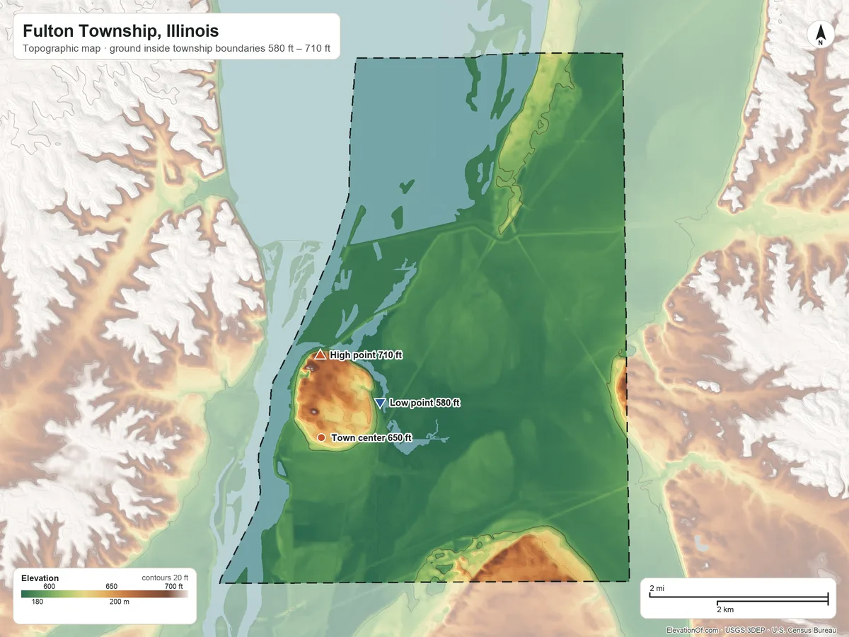 Topographic elevation map of Fulton Township, Illinois, shaded from 580 ft on the northeast side to 710 ft on the north side