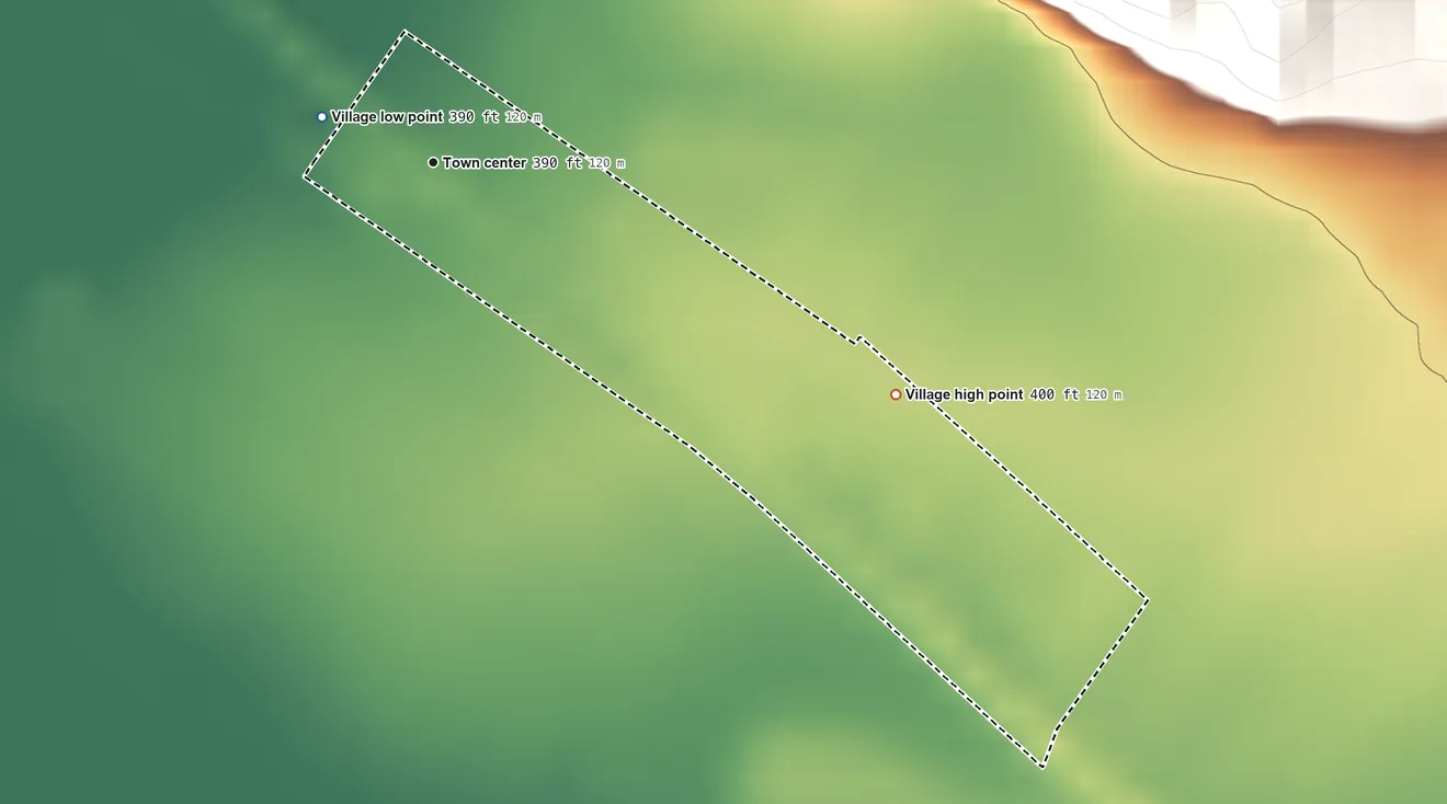 Topographic elevation map of Fults, Illinois, shaded from 390 ft on the west side to 400 ft on the southeast edge, below higher ground just outside