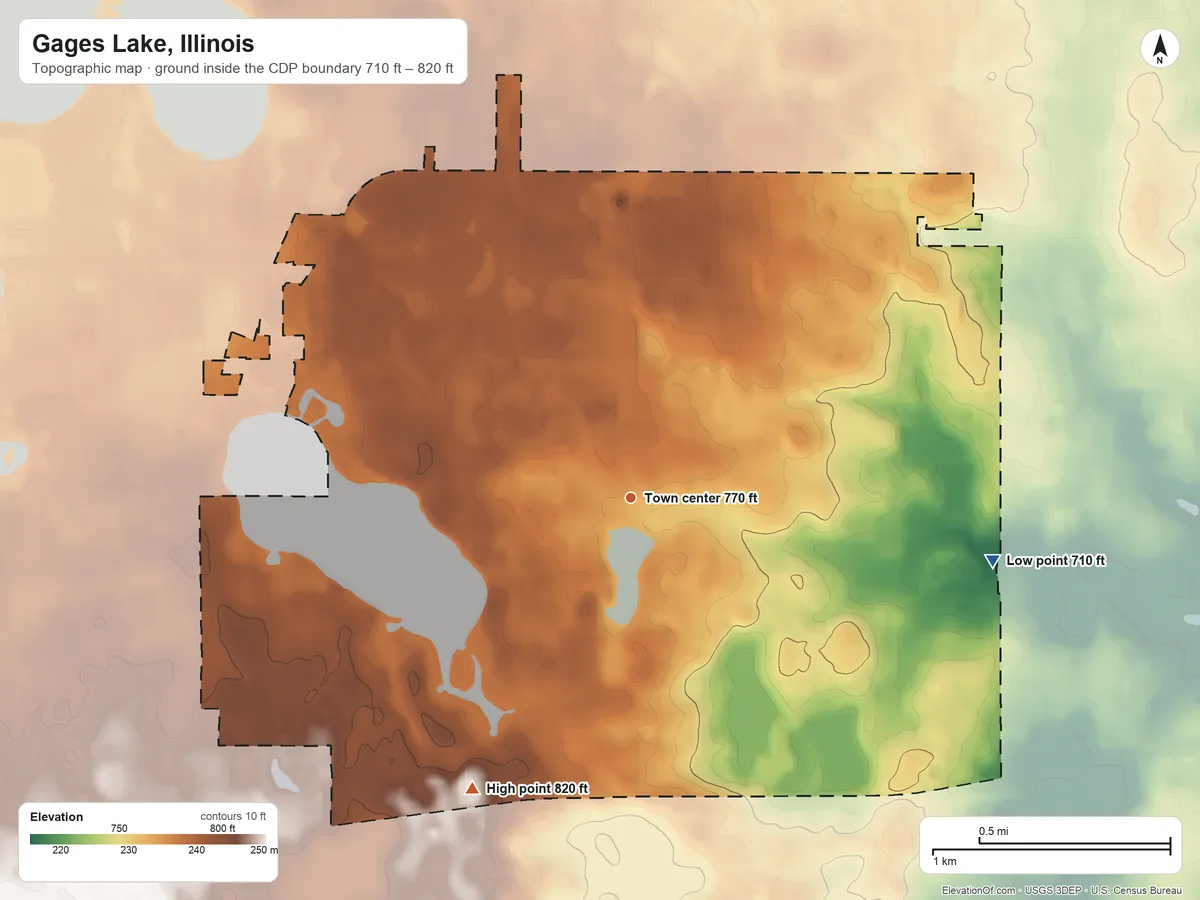 Topographic elevation map of Gages Lake, Illinois, shaded from 710 ft on the east side to 820 ft on the southwest side