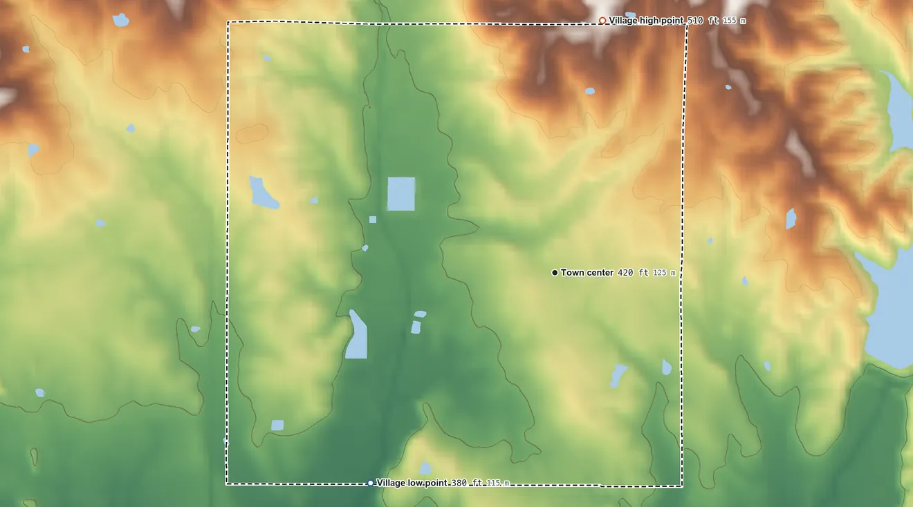 Topographic elevation map of Galatia, Illinois, shaded from 380 ft on the southwest side to 510 ft on the north side