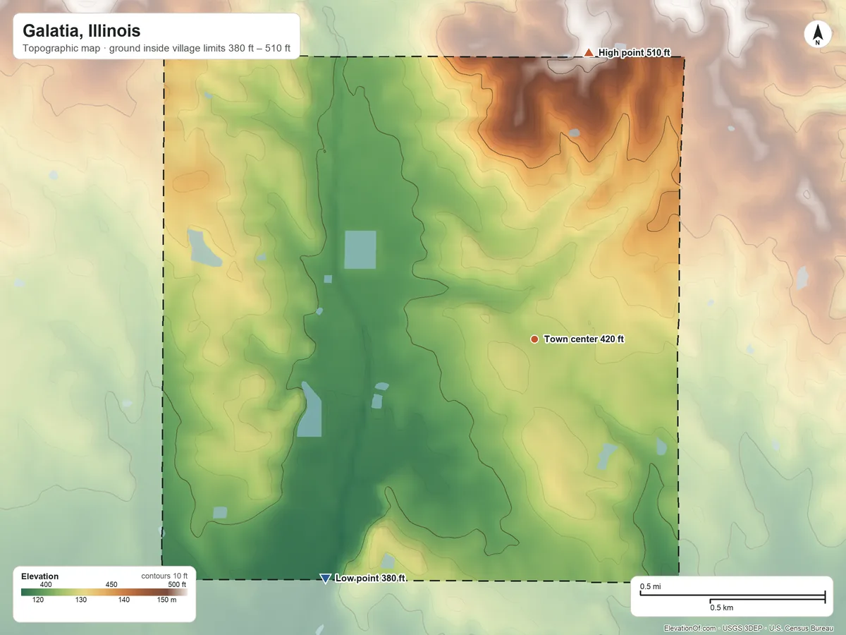 Topographic elevation map of Galatia, Illinois, shaded from 380 ft on the southwest side to 510 ft on the north side