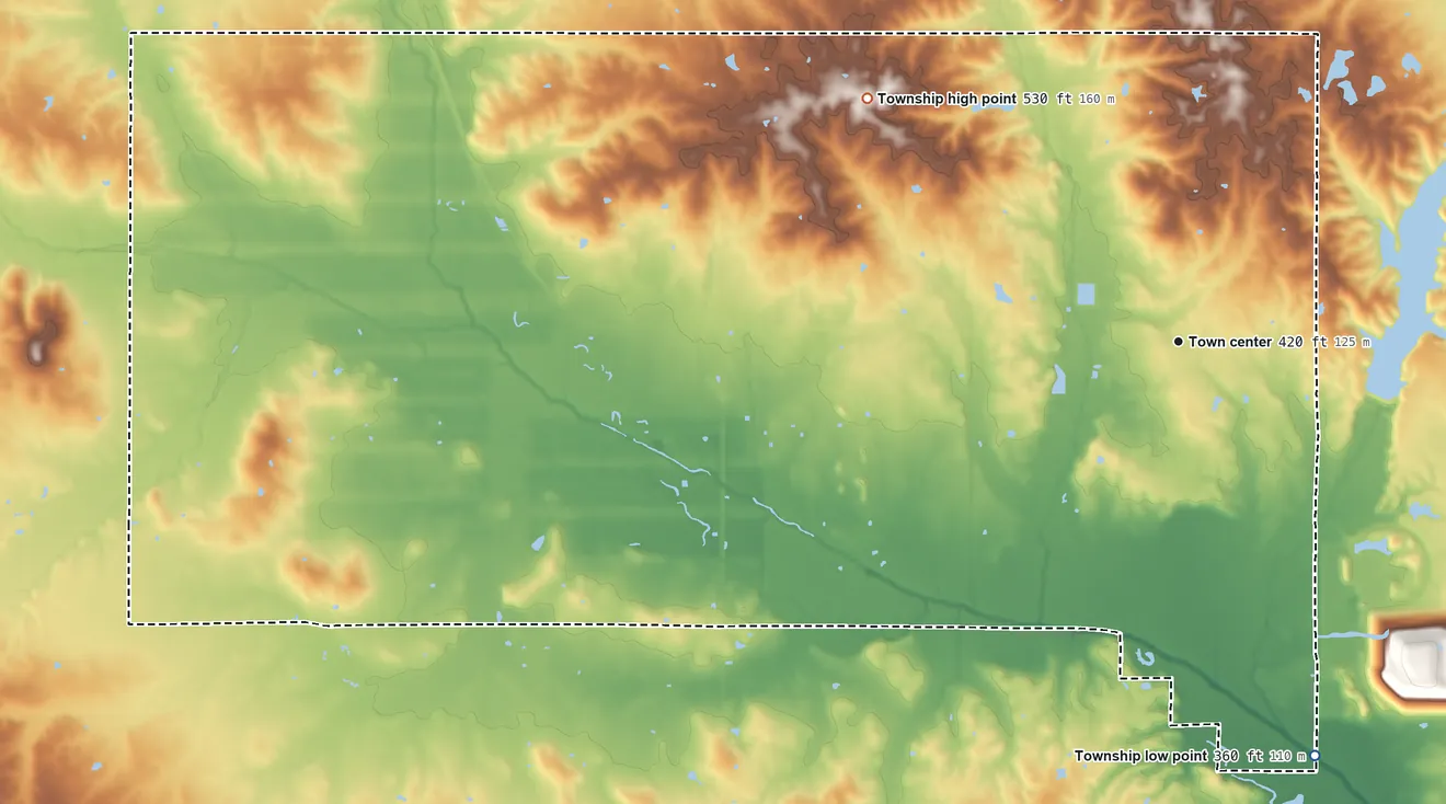 Topographic elevation map of Galatia Township, Illinois, shaded from 360 ft on the south side to 530 ft on the northwest side