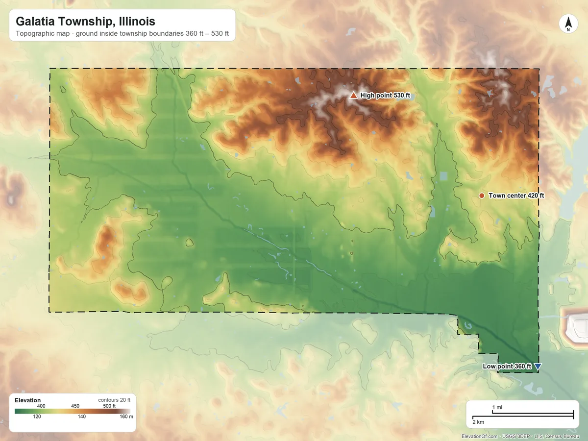 Topographic elevation map of Galatia Township, Illinois, shaded from 360 ft on the south side to 530 ft on the northwest side
