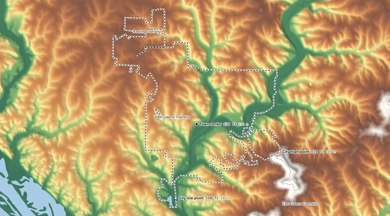 Topographic elevation map of Galena, Illinois, shaded from 590 ft on the south side to 910 ft on the east side