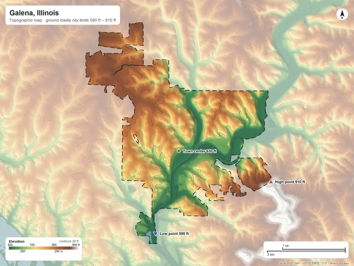Topographic elevation map of Galena, Illinois, shaded from 590 ft on the south side to 910 ft on the east side