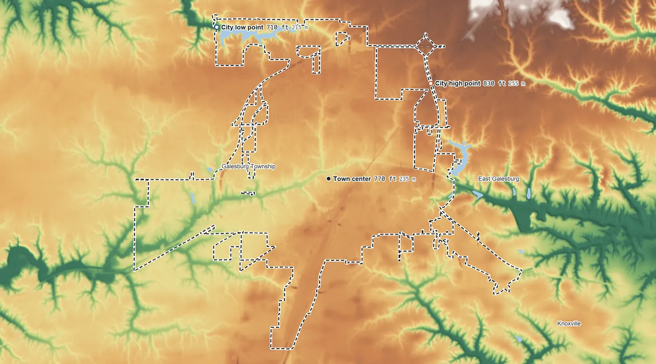 Topographic elevation map of Galesburg, Illinois, shaded from 710 ft on the northwest side to 830 ft on the northeast side