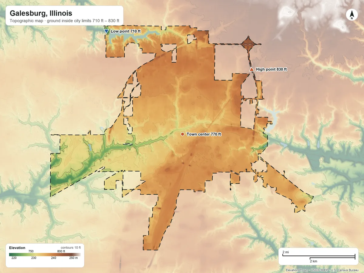 Topographic elevation map of Galesburg, Illinois, shaded from 710 ft on the northwest side to 830 ft on the northeast side