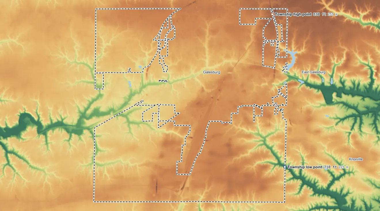 Topographic elevation map of Galesburg Township, Illinois, shaded from 710 ft on the southeast side to 830 ft on the northeast side