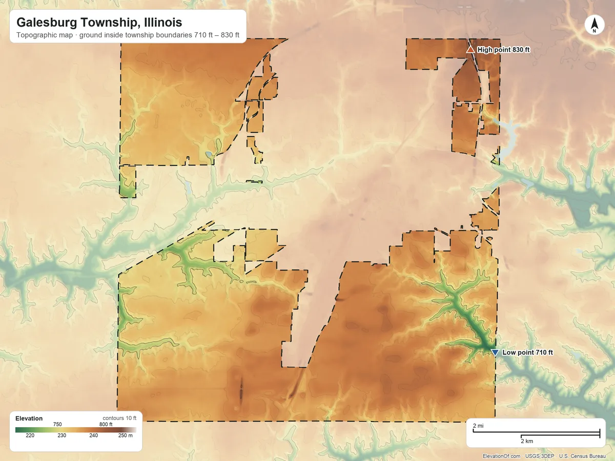 Topographic elevation map of Galesburg Township, Illinois, shaded from 710 ft on the southeast side to 830 ft on the northeast side