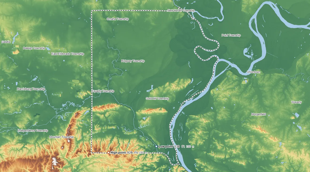 Topographic elevation map of Gallatin County, Illinois, shaded from 330 ft on the south side to 920 ft on High Knob