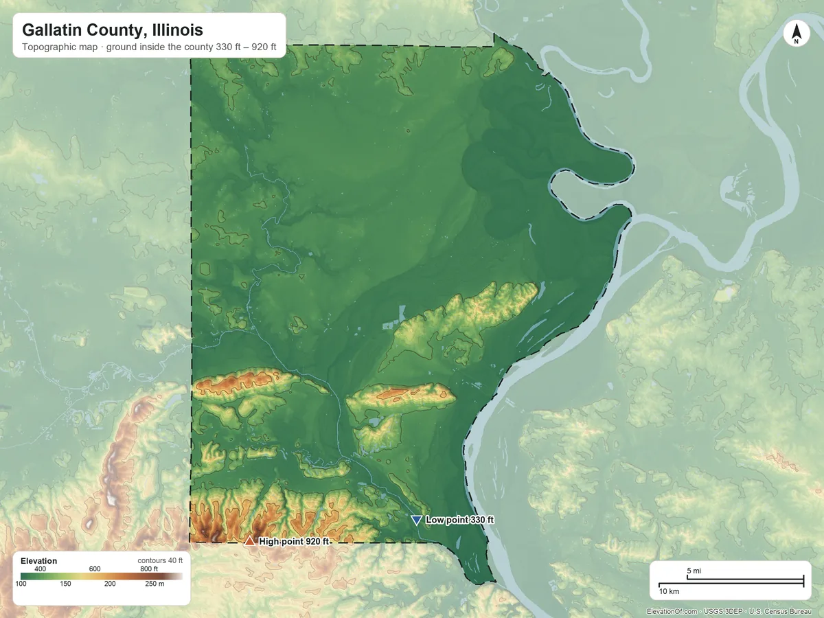 Topographic elevation map of Gallatin County, Illinois, shaded from 330 ft on the south side to 920 ft on High Knob