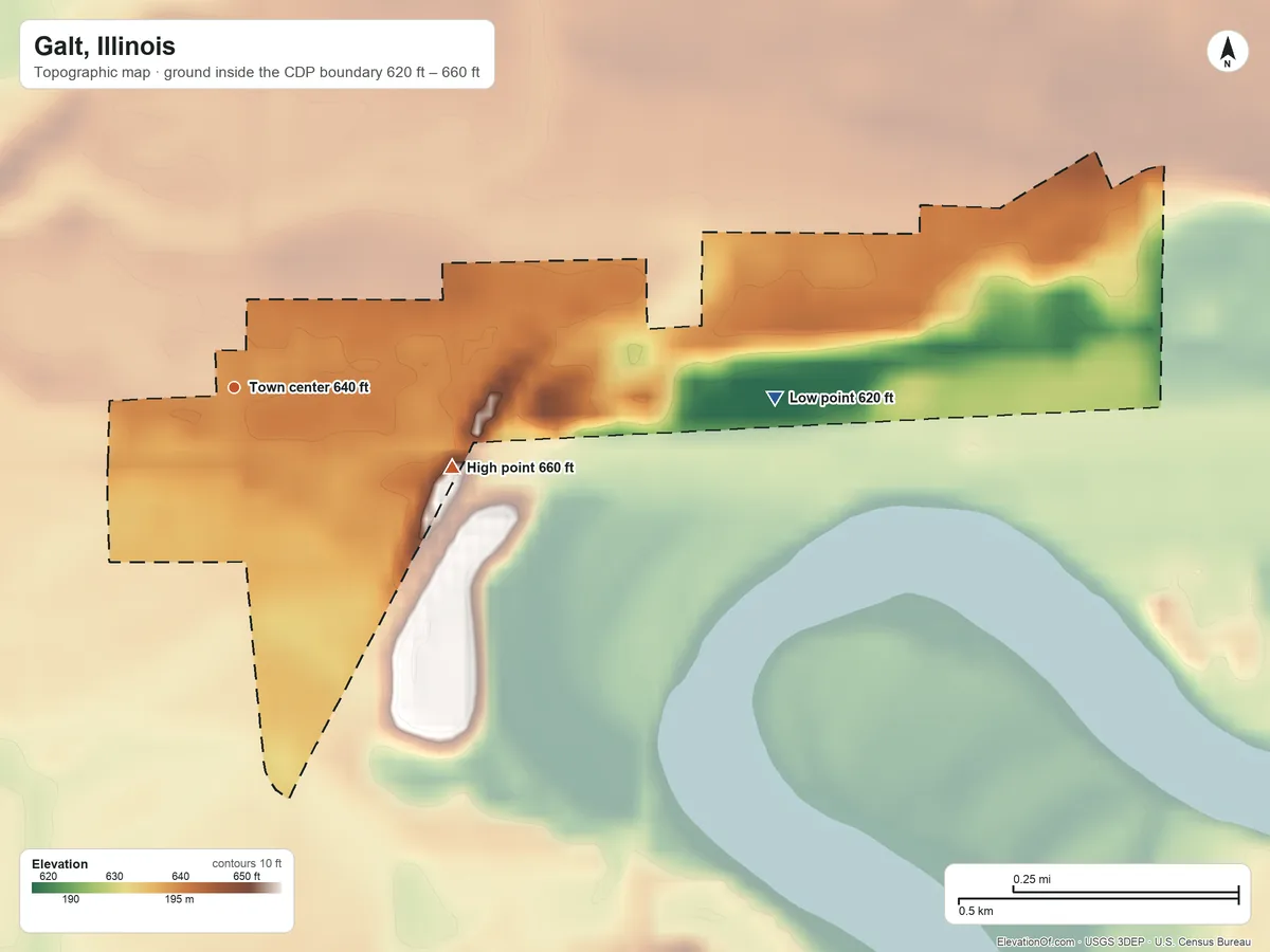 Topographic elevation map of Galt, Illinois, shaded from 620 ft on the east side to 660 ft on the east side