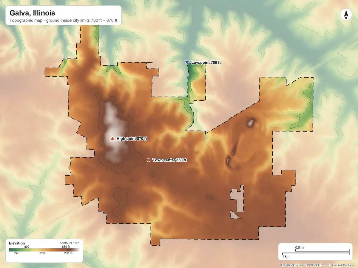 Topographic elevation map of Galva, Illinois, shaded from 780 ft on the north side to 870 ft on the northwest side