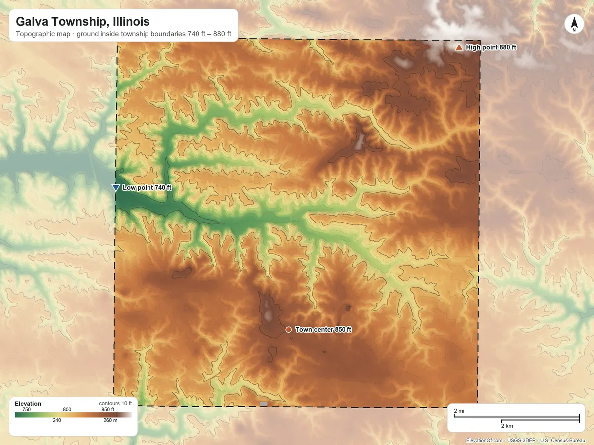 Topographic elevation map of Galva Township, Illinois, shaded from 740 ft on the northwest side to 880 ft on the northeast side