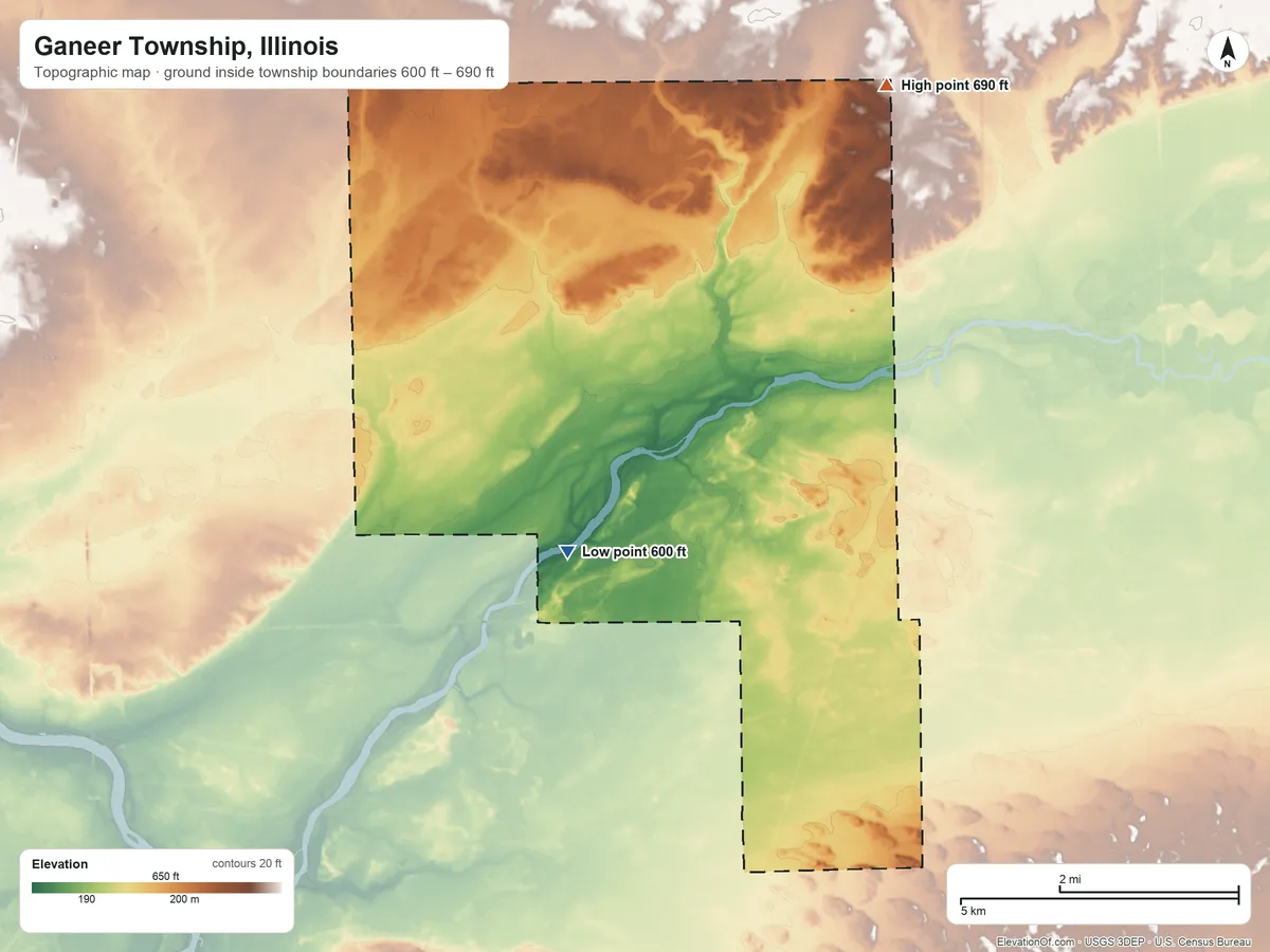 Topographic elevation map of Ganeer Township, Illinois, shaded from 600 ft on the southwest side to 690 ft on the northeast side