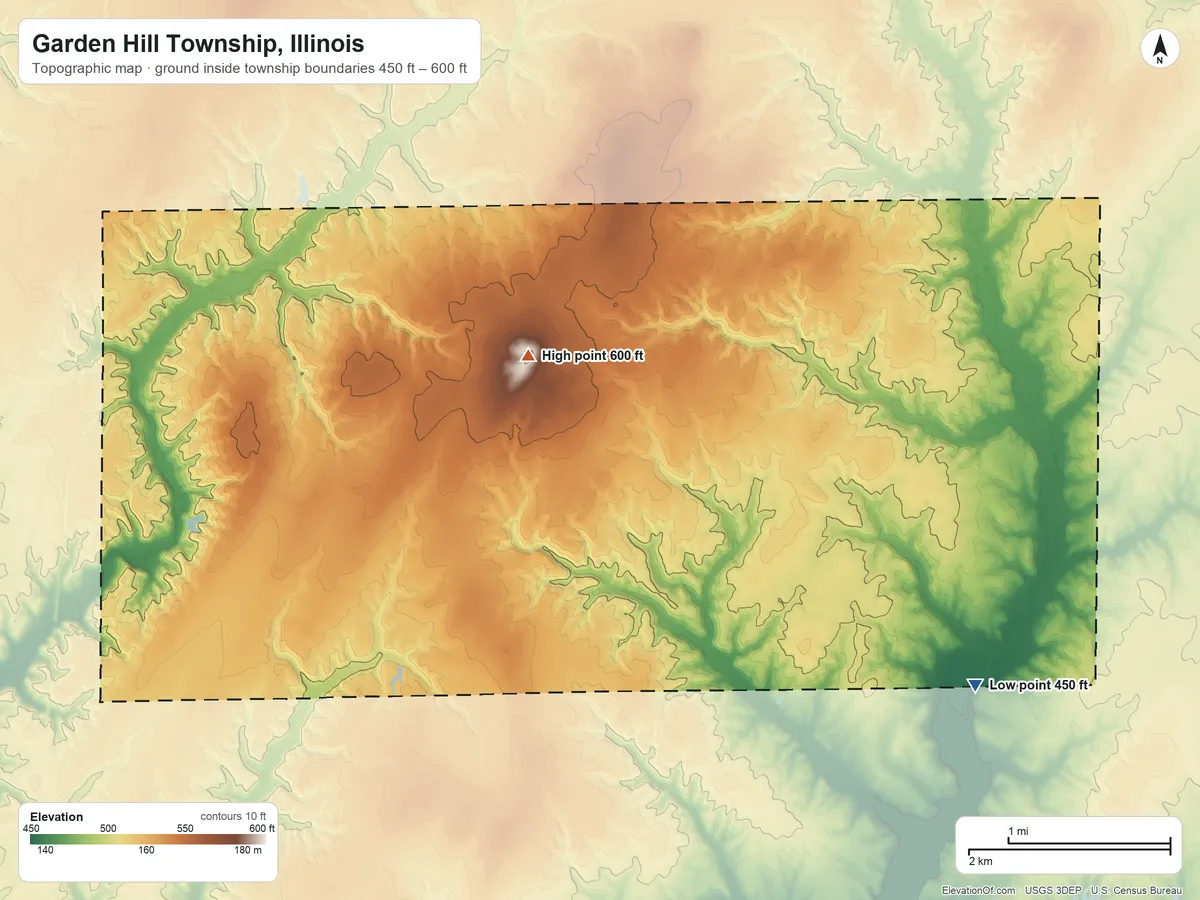 Topographic elevation map of Garden Hill Township, Illinois, shaded from 450 ft on the southeast side to 600 ft on the north side