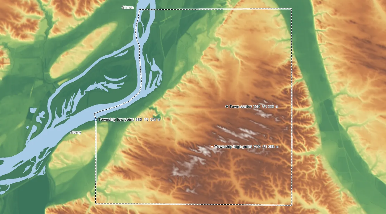 Topographic elevation map of Garden Plain Township, Illinois, shaded from 580 ft on the west side to 770 ft on the south side