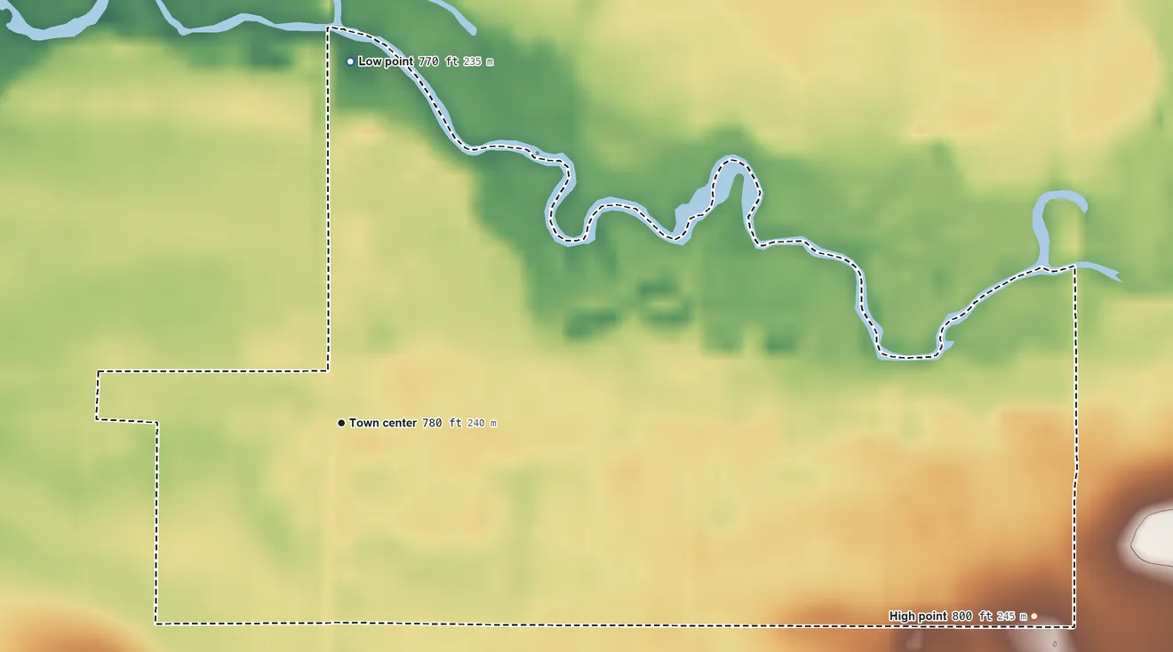 Topographic elevation map of Garden Prairie, Illinois, shaded from 770 ft on the north side to 800 ft on the east side