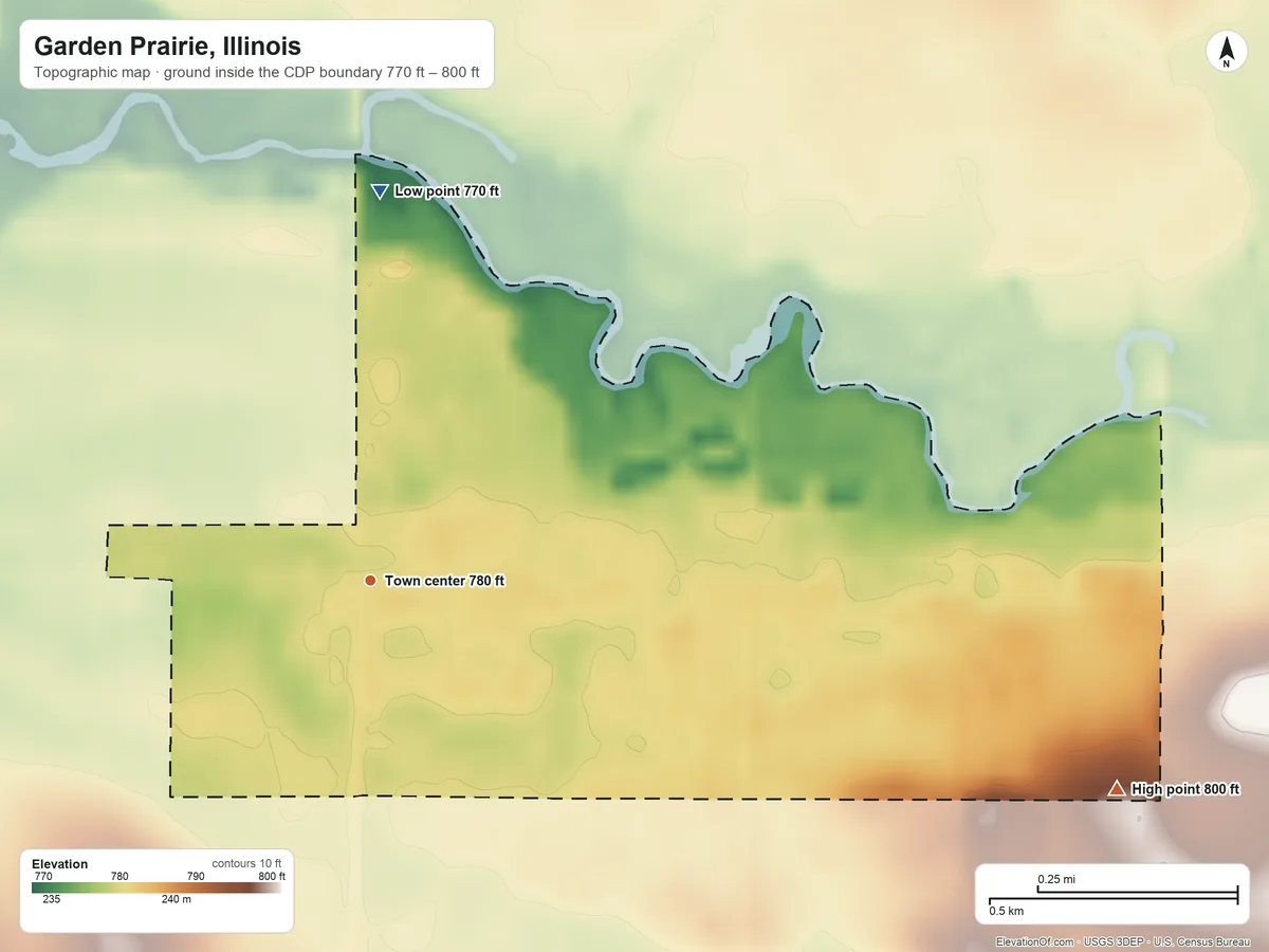 Topographic elevation map of Garden Prairie, Illinois, shaded from 770 ft on the north side to 800 ft on the east side