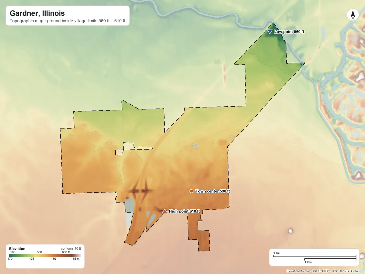 Topographic elevation map of Gardner, Illinois, shaded from 560 ft on the northeast side to 610 ft near the middle