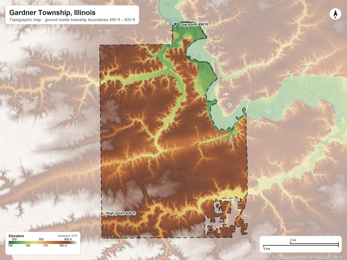 Topographic elevation map of Gardner Township, Illinois, shaded from 490 ft on the north side to 620 ft on the southwest side