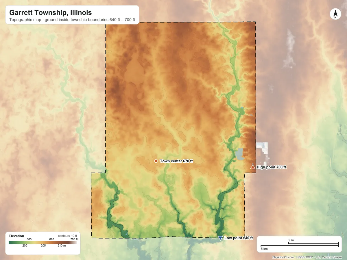 Topographic elevation map of Garrett Township, Illinois, shaded from 640 ft on the southeast side to 700 ft on the east side