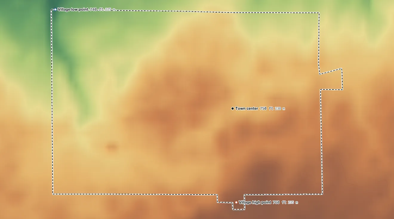 Topographic elevation map of Gays, Illinois, shaded from 740 ft on the northwest side to 760 ft on the south side