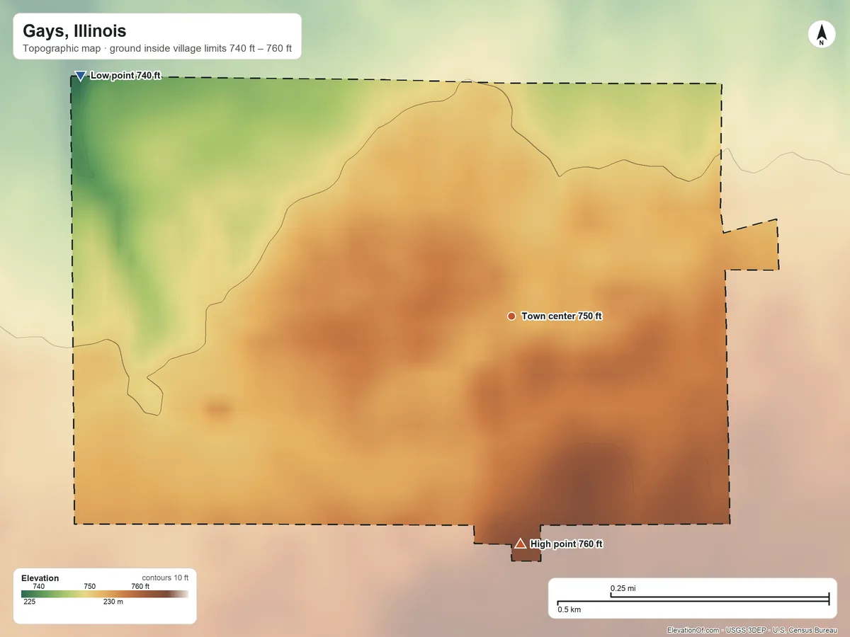 Topographic elevation map of Gays, Illinois, shaded from 740 ft on the northwest side to 760 ft on the south side