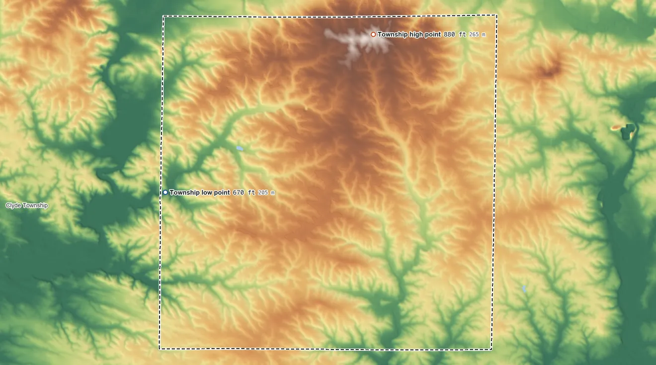 Topographic elevation map of Genesee Township, Illinois, shaded from 670 ft on the west side to 880 ft on the northeast side