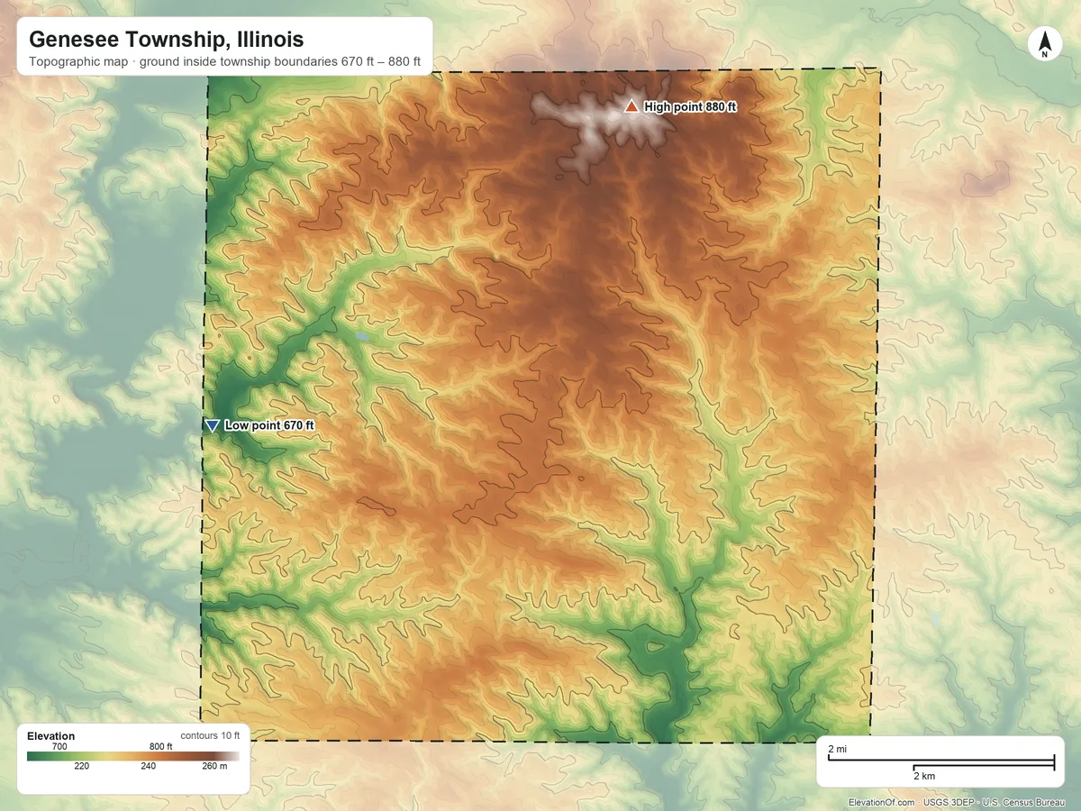 Topographic elevation map of Genesee Township, Illinois, shaded from 670 ft on the west side to 880 ft on the northeast side