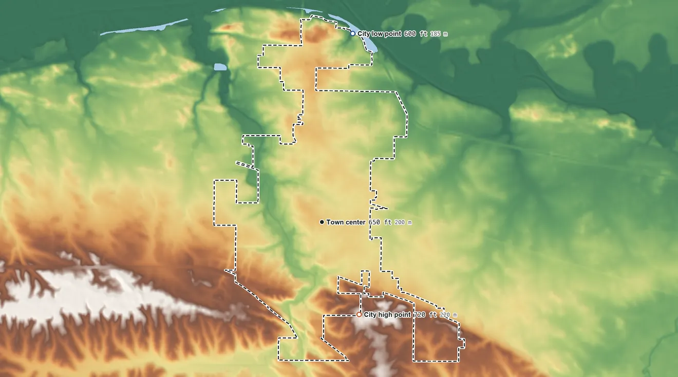 Topographic elevation map of Geneseo, Illinois, shaded from 600 ft on the north side to 720 ft on the south side