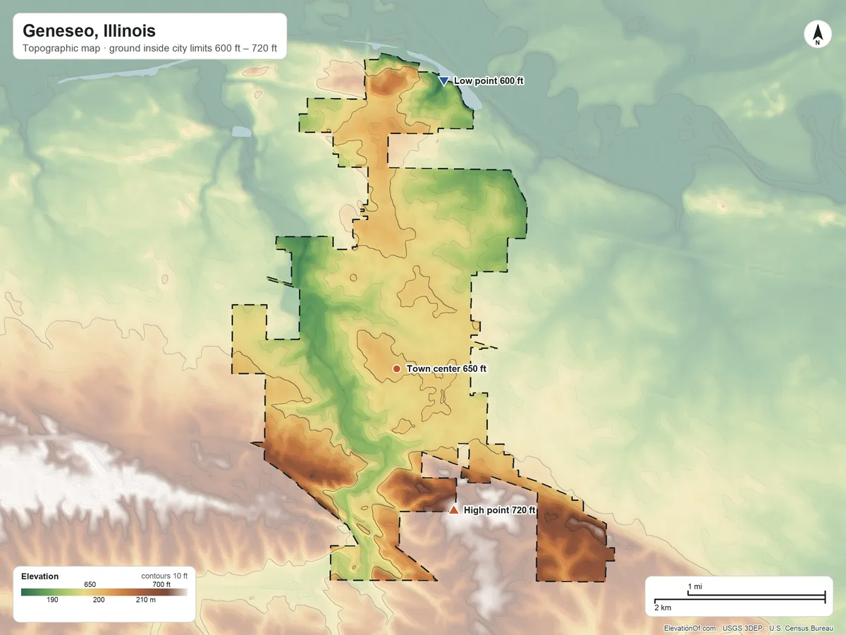 Topographic elevation map of Geneseo, Illinois, shaded from 600 ft on the north side to 720 ft on the south side