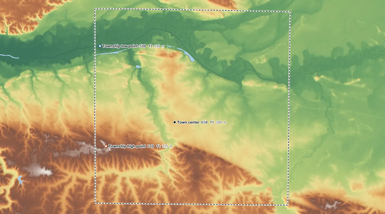 Topographic elevation map of Geneseo Township, Illinois, shaded from 580 ft on the northwest side to 740 ft on the west side
