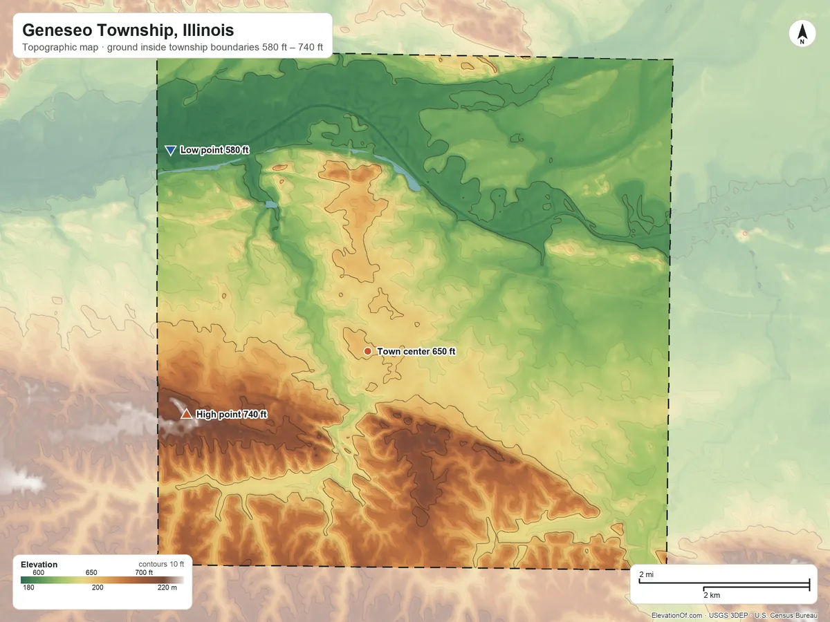 Topographic elevation map of Geneseo Township, Illinois, shaded from 580 ft on the northwest side to 740 ft on the west side