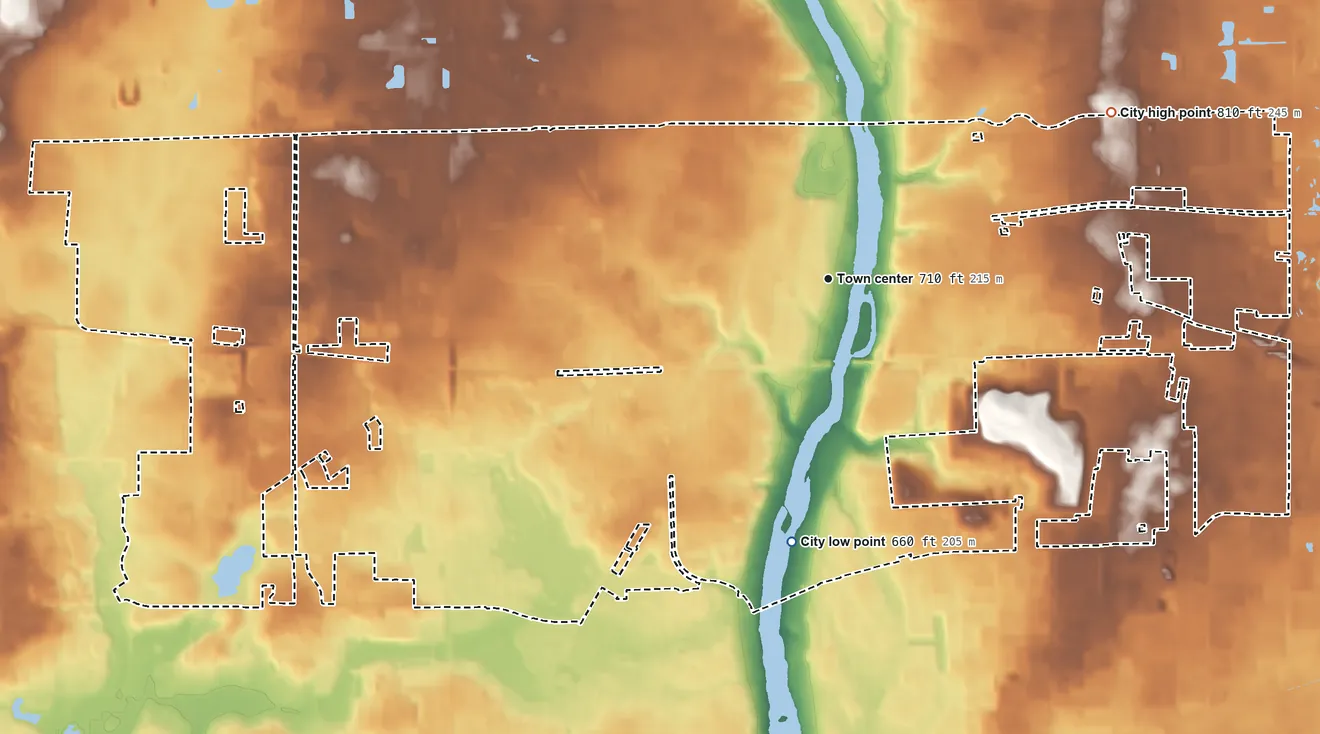 Topographic elevation map of Geneva, Illinois, shaded from 660 ft on the south side to 810 ft on the northeast side