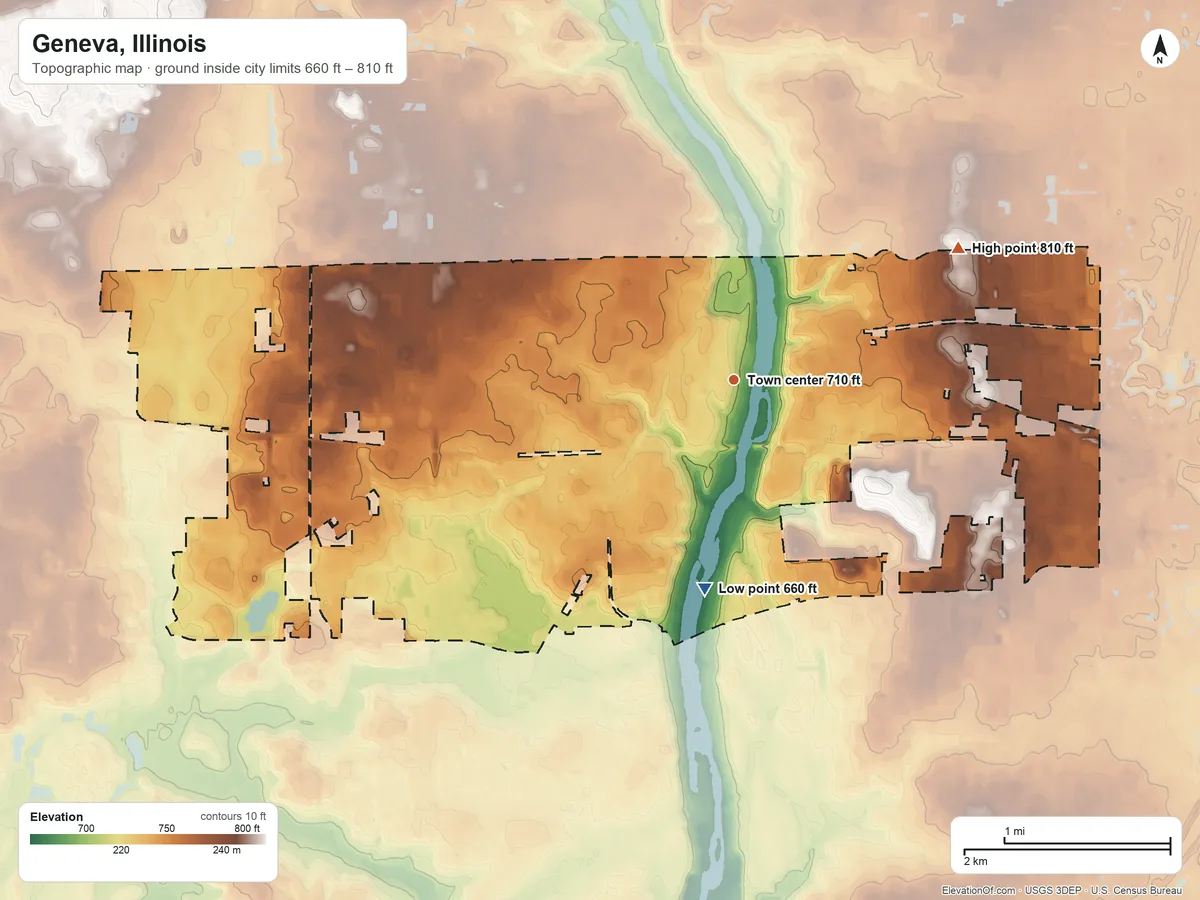 Topographic elevation map of Geneva, Illinois, shaded from 660 ft on the south side to 810 ft on the northeast side
