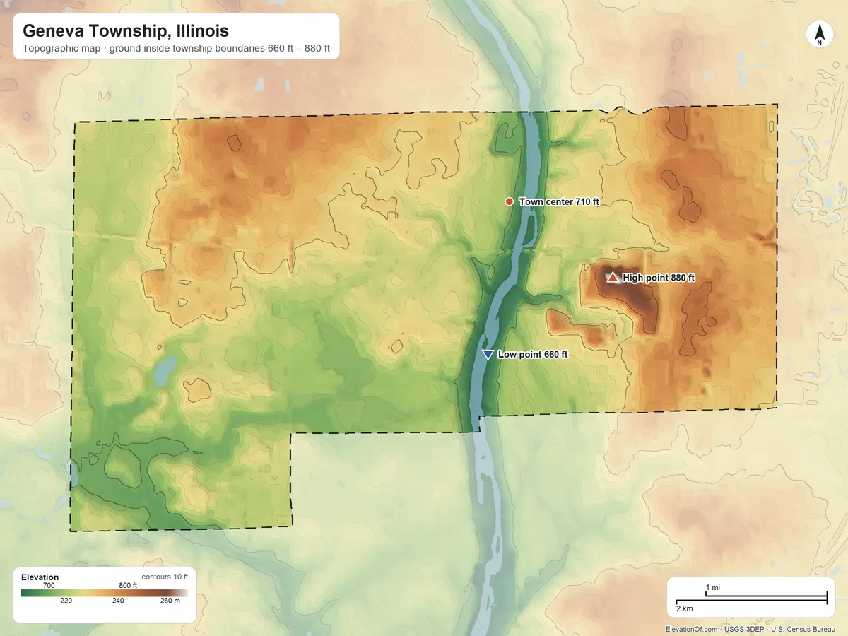 Topographic elevation map of Geneva Township, Illinois, shaded from 660 ft on the south side to 880 ft on the southeast side