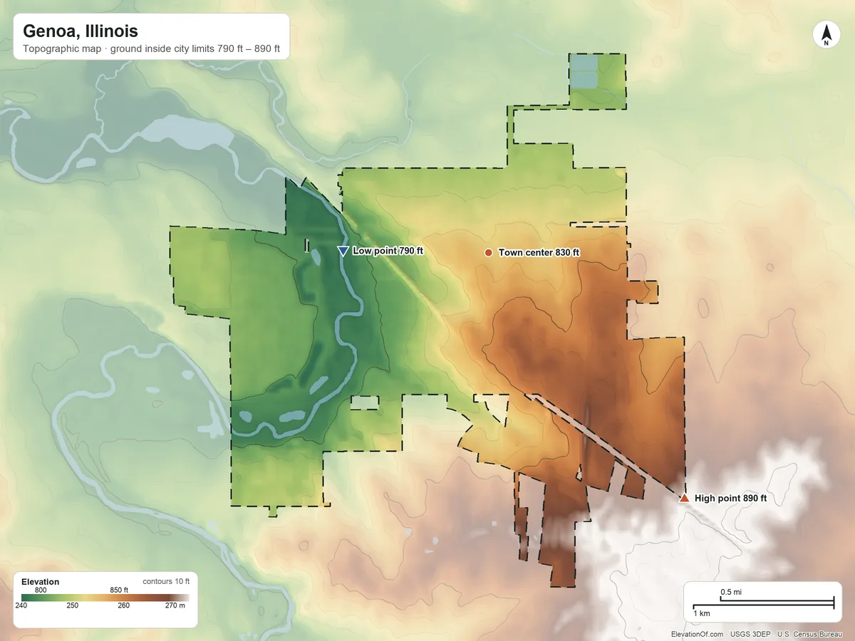 Topographic elevation map of Genoa, Illinois, shaded from 790 ft on the west side to 890 ft on the southeast side