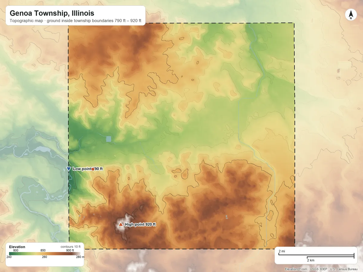 Topographic elevation map of Genoa Township, Illinois, shaded from 790 ft near the middle to 920 ft on the southeast side