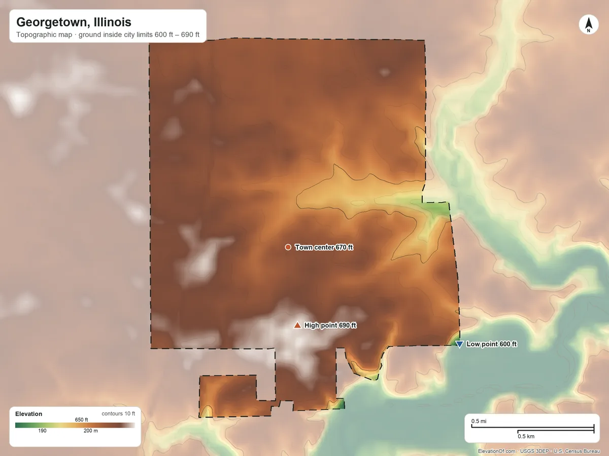 Topographic elevation map of Georgetown, Illinois, shaded from 600 ft on the southeast side to 690 ft on the south side