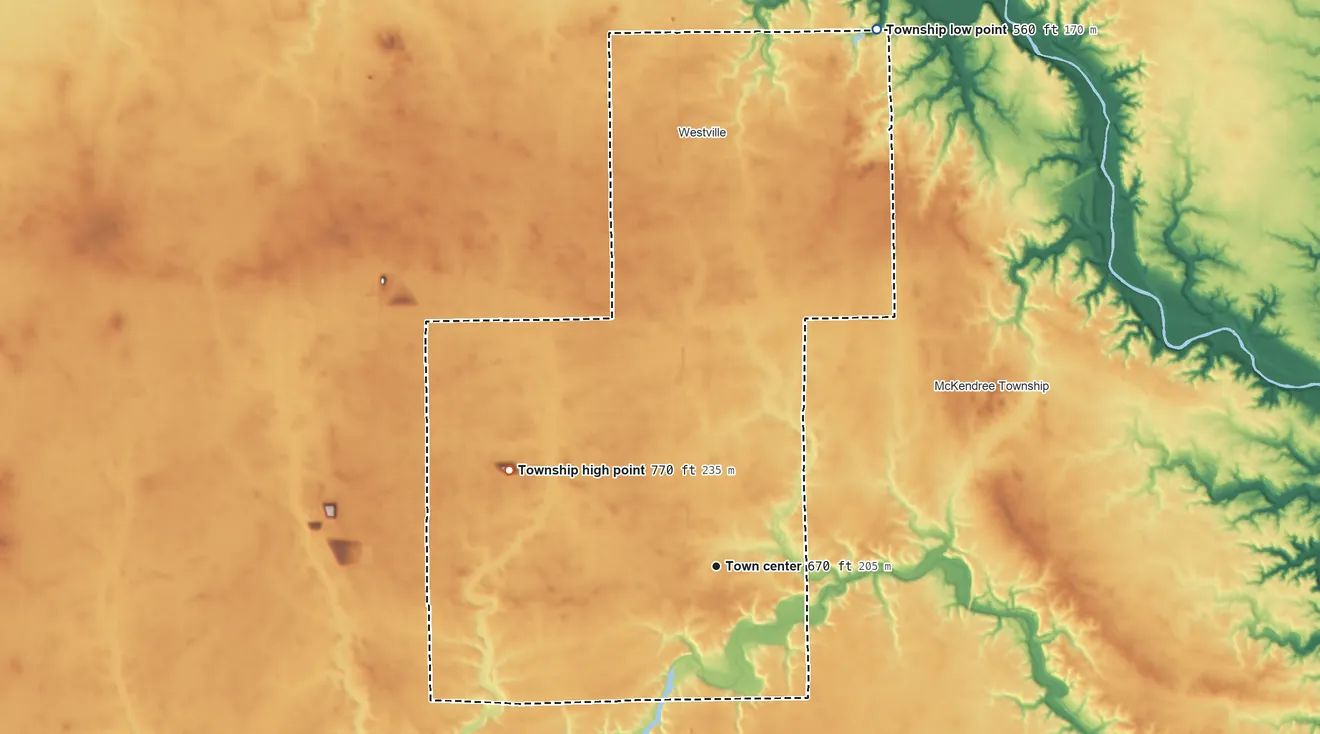 Topographic elevation map of Georgetown Township, Illinois, shaded from 560 ft on the north side to 770 ft on the northwest side