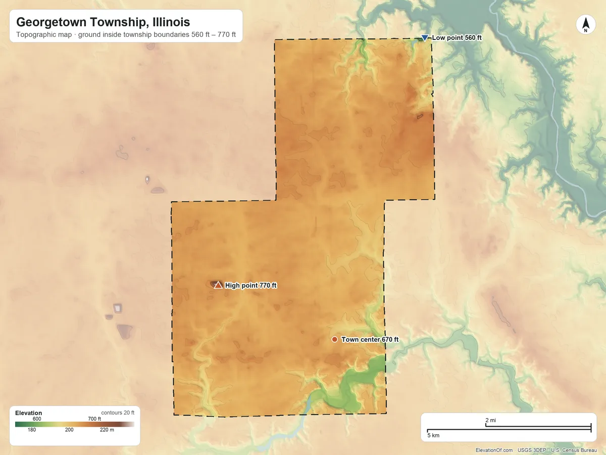 Topographic elevation map of Georgetown Township, Illinois, shaded from 560 ft on the north side to 770 ft on the northwest side
