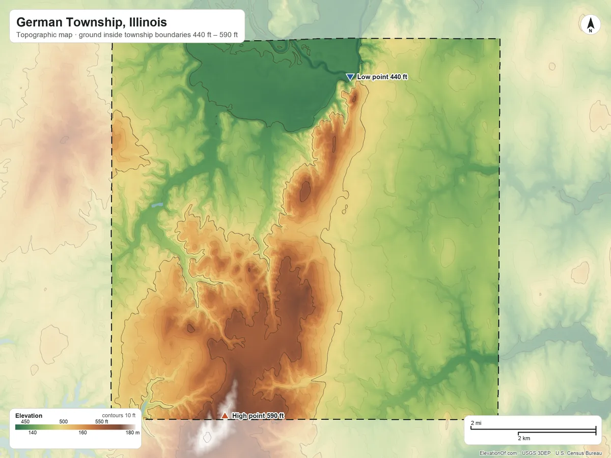 Topographic elevation map of German Township, Illinois, shaded from 440 ft on the north side to 590 ft on the south side